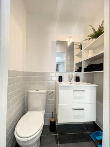 une salle de bain blanche avec des toilettes et un lavabo dans l'établissement Logement cosy cuisine / terrasse / BBQ, à Ollioules