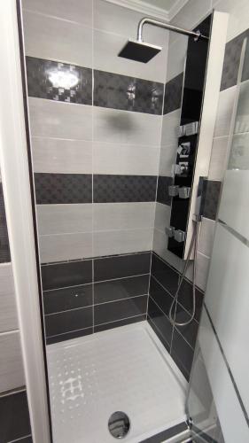 y baño con ducha y puerta de cristal. en Freedom-Fehérvár apartman, en Székesfehérvár