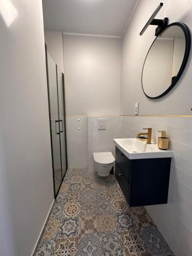 a bathroom with a sink and a toilet and a mirror at Domy wakacyjne WELLE in Kołczewo