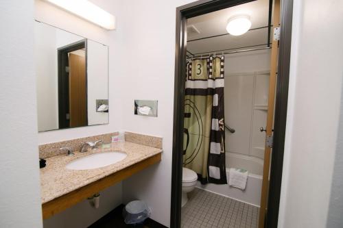 een badkamer met een wastafel, een toilet en een spiegel bij Riverside Inn in Cold Spring