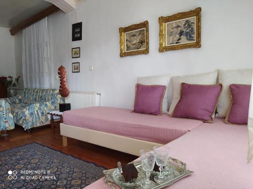 a living room with two beds and a couch at Vasilis house in Kallirákhi