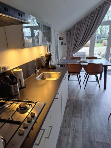 a kitchen with a sink and a stove top oven at Das Holland Beachhouse, modern eingerichtet, in schöner Lage am Veluwemeer, inklusive Garten, Terrasse am Wasser, Parkplatz und WLAN in Hulshorst
