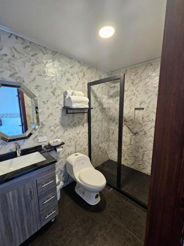 a bathroom with a toilet and a sink and a shower at Hosteria Santa Ana in Azogues