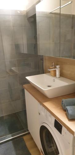 een badkamer met een wastafel en een wasmachine bij ALLEE APARTMENT (newly renovated spring 2023) in Boedapest