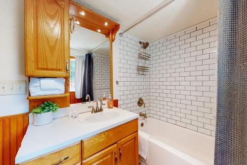 een badkamer met een wastafel, een bad en een bad bij Wonder on Whiskey Road in Warrenton