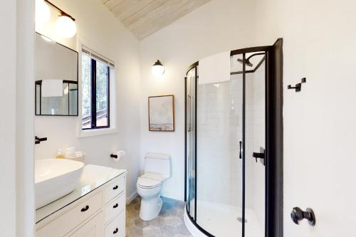 a bathroom with a shower and a toilet and a sink at The Great Escape in Sea Ranch