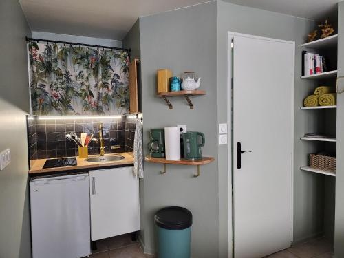 une petite cuisine avec des armoires blanches et un évier dans l'établissement Ambiance raffinée cœur de ville, à Dijon