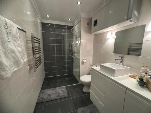 a bathroom with a toilet and a sink and a shower at GH Apartment Admiral Sveti Vlas in Sveti Vlas