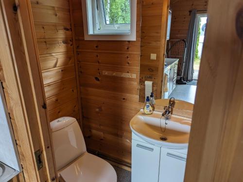 a bathroom with a toilet and a sink at Solstrand Camping in Vigeland