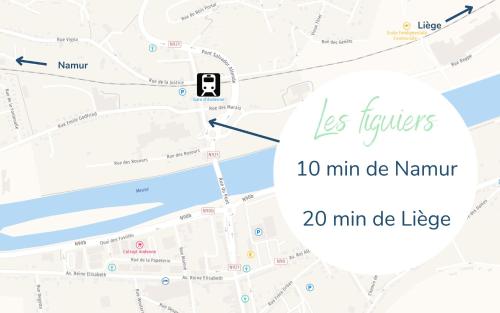 a map of les travelers min de narmir and min de usage at Les Figuiers - Appartement 2 Chambres avec Sauna à Andenne in Andenne