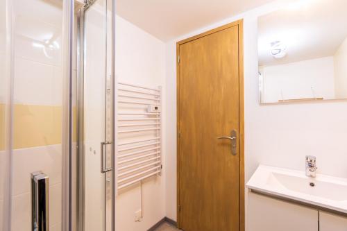 a bathroom with a shower and a sink and a door at Le Roqueprins - Netflix/Wi-Fi Fibre/Terrasse in Banassac