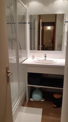 une salle de bain avec un lavabo et un miroir dans l'établissement Résidence le Zig Zag, Les Coches,La plagne Apt4-5pers lumineux ,park couv au pied des pistes, à La Plagne Tarentaise