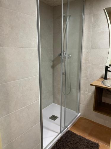 a shower with a glass door in a bathroom at FINCA MAS GUIXOT relax y natura in Montagut