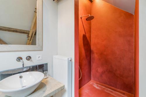 a bathroom with a sink and a shower at VAKANTIEWONING HUYZE ANNE MARIA in Damme