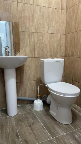 a bathroom with a white toilet and a sink at Sanatoriy Samara in Samarske Village