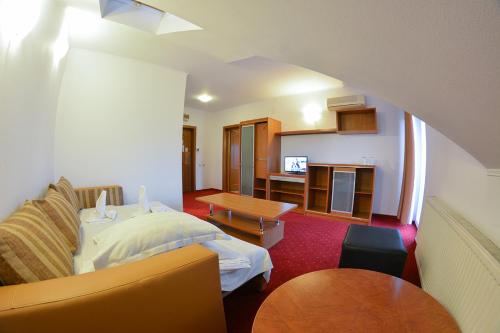 a hotel room with a bed and a table at Pensiune Valentina in Râmnicu Vâlcea