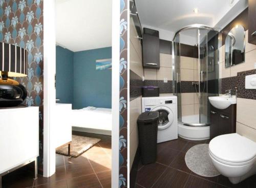 two pictures of a bathroom with a toilet and a sink at Pomorskie Apartamenty Mazurska in Gdańsk