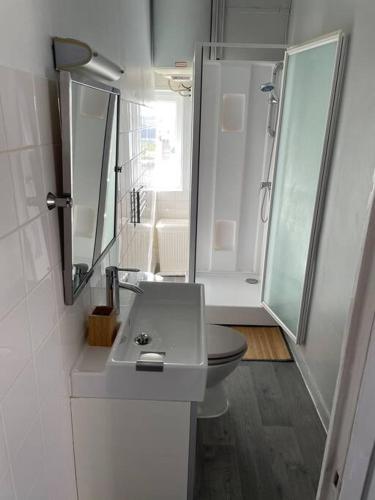une salle de bain avec un lavabo, des toilettes et un miroir dans l'établissement Donville vue sur la mer, à Donville-les-Bains