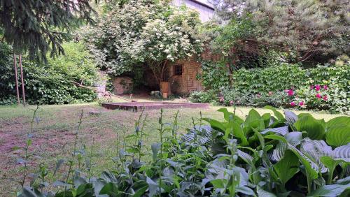 a garden with a bench in the middle of a yard at BYT POD ZÁMKEM in Valtice