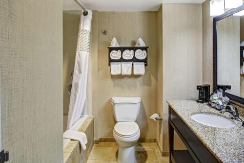 a bathroom with a toilet and a sink and a shower at Hampton Inn Thomson in Thomson