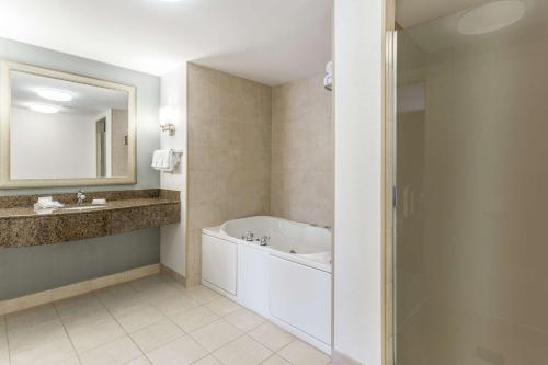 a bathroom with a tub and a sink and a mirror at Hilton Garden Inn Albany-SUNY Area in Albany