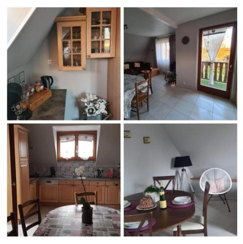 3 photos d'une cuisine et d'une salle à manger dans l'établissement Le gîte du kirchfeld, à Mussig