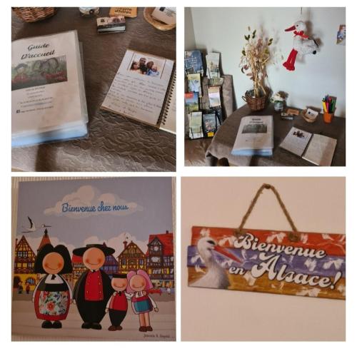 un collage d'images de livres et d'autres objets dans l'établissement Le gîte du kirchfeld, à Mussig