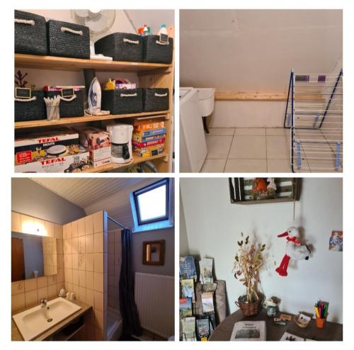 un collage de quatre photos d'une salle de bains dans l'établissement Le gîte du kirchfeld, à Mussig