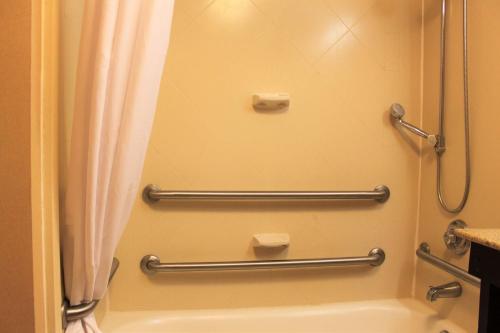 a shower stall in a bathroom with a shower curtain at Hampton Inn Americus in Americus