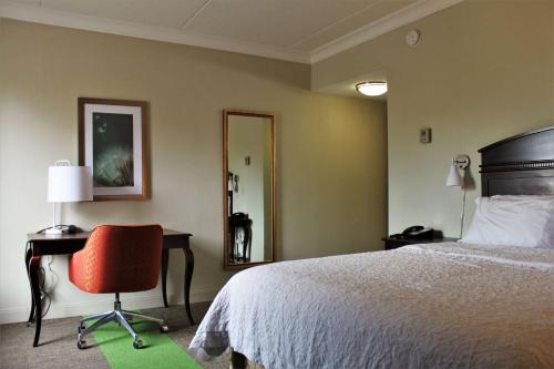 a hotel room with a bed and a desk and a chair at Hampton Inn Americus in Americus