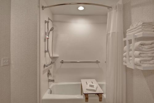 bagno bianco con vasca, lavandino e asciugamani di Hampton Inn Anderson ad Anderson