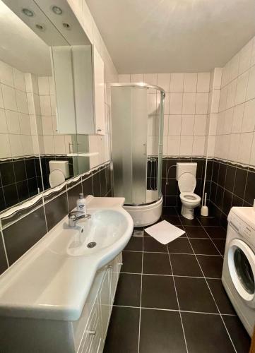a bathroom with a sink and a washing machine at Shine apartment in Trebinje