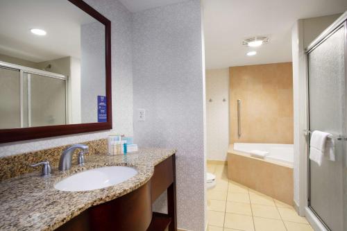 a bathroom with a sink and a bath tub at Hampton Inn Watertown in Watertown