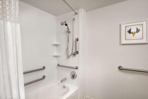 a white bathroom with a shower and a sink at Hampton Inn Atlanta-Buckhead in Atlanta