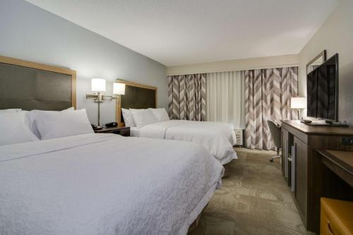 a hotel room with two beds and a flat screen tv at Hampton Inn Atlanta-Fairburn in Fairburn