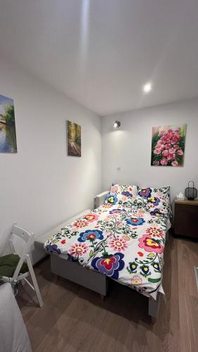 a bedroom with a bed and two paintings on the wall at Mikro kawalerka u Edzia in Zwierzyniec