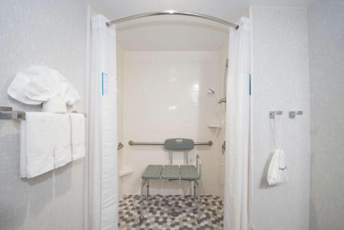 莫羅的住宿－特蘭大南湖漢普頓亞酒店，带淋浴的浴室和椅子