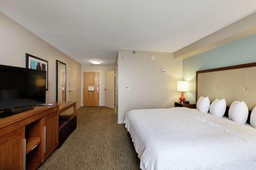 a hotel room with a large bed and a flat screen tv at Hampton Inn & Suites-Austin Airport in Austin