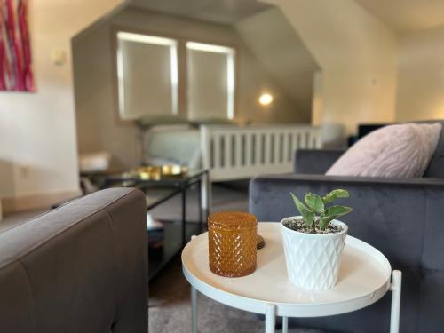 een woonkamer met een bank en een tafel met een plant erop bij Fieldstone Guesthouse in Clearwater