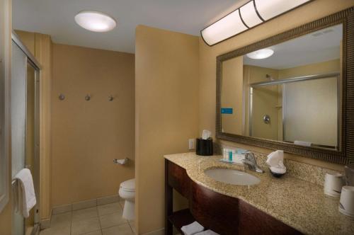 a bathroom with a sink and a mirror and a toilet at Hampton Inn & Suites Altus in Altus