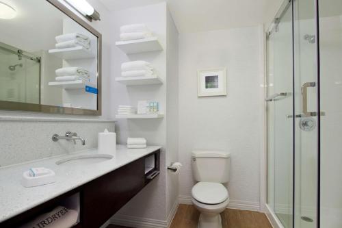 y baño con aseo, lavabo y ducha. en Hampton by Hilton Austin South - I-35 & Ben White, en Austin