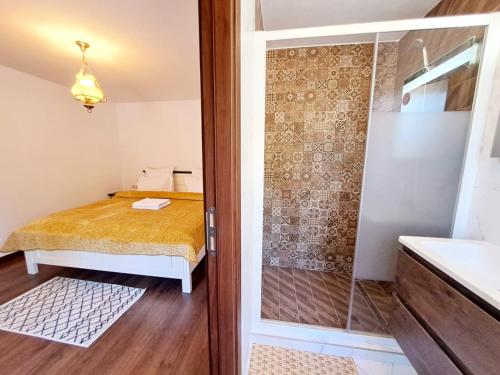 a small room with a shower and a bed at Conacul Munții Bucovinei in Câmpulung Moldovenesc