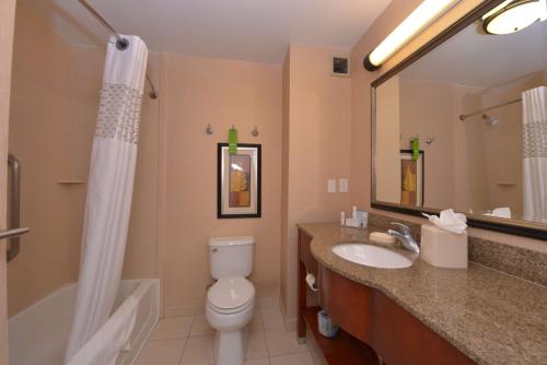 e bagno con servizi igienici, lavandino e doccia. di Hampton Inn and Suites Bakersfield North-Airport a Bakersfield