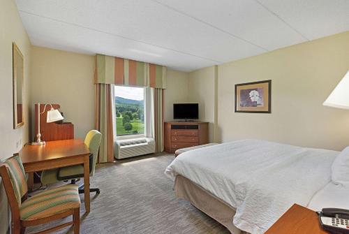 a hotel room with a bed and a desk and a window at Hampton Inn & Suites Blairsville in Blairsville