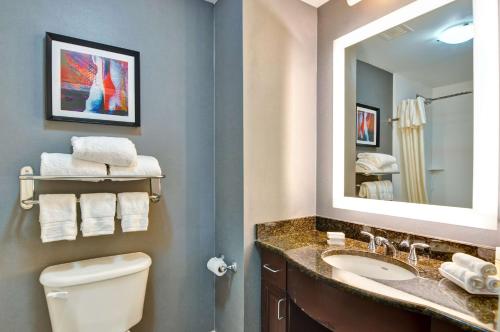 a bathroom with a toilet and a sink and a mirror at Homewood Suites by Hilton Boston Cambridge-Arlington, MA in Arlington