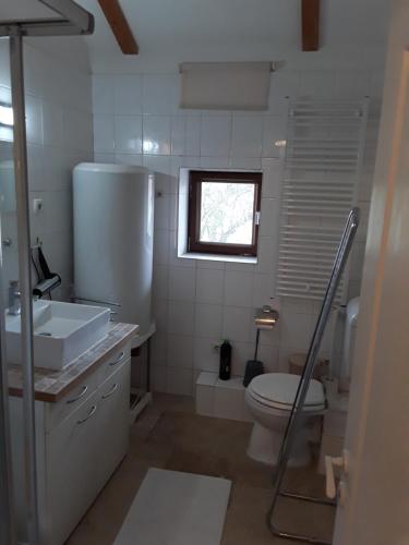 a bathroom with a toilet and a sink and a window at LE DOMAINE DU HIBOU 