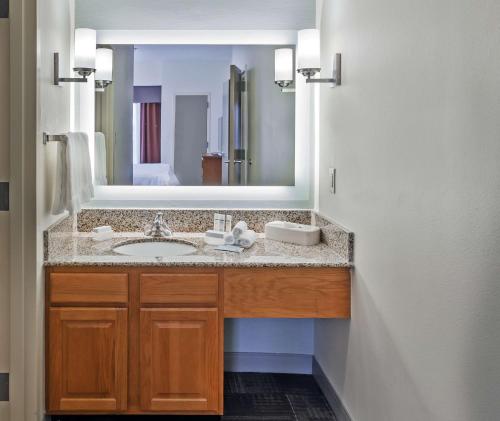 a bathroom with a sink and a large mirror at Homewood Suites by Hilton Brownsville in Brownsville