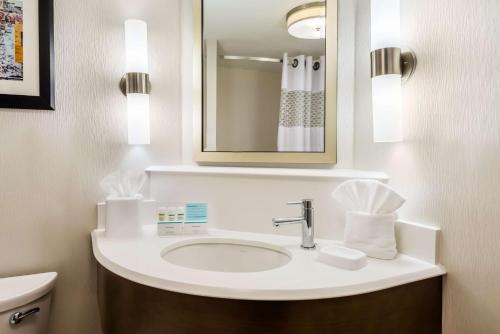 La salle de bains est pourvue d'un lavabo et d'un miroir. dans l'établissement Hampton Inn Buffalo-Airport Galleria Mall, à Cheektowaga