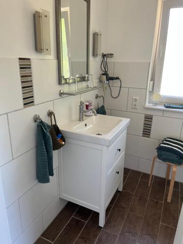 ein Badezimmer mit einem weißen Waschbecken und einem Spiegel in der Unterkunft Mergelhof in Rhauderfehn