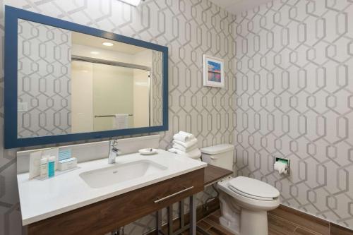 a bathroom with a sink and a toilet and a mirror at Hampton Inn Buffalo-South/I-90 in West Seneca
